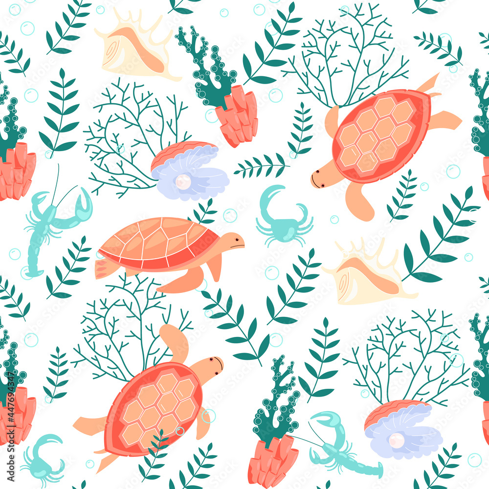 Seamless underwear pattern with turtle and pearl