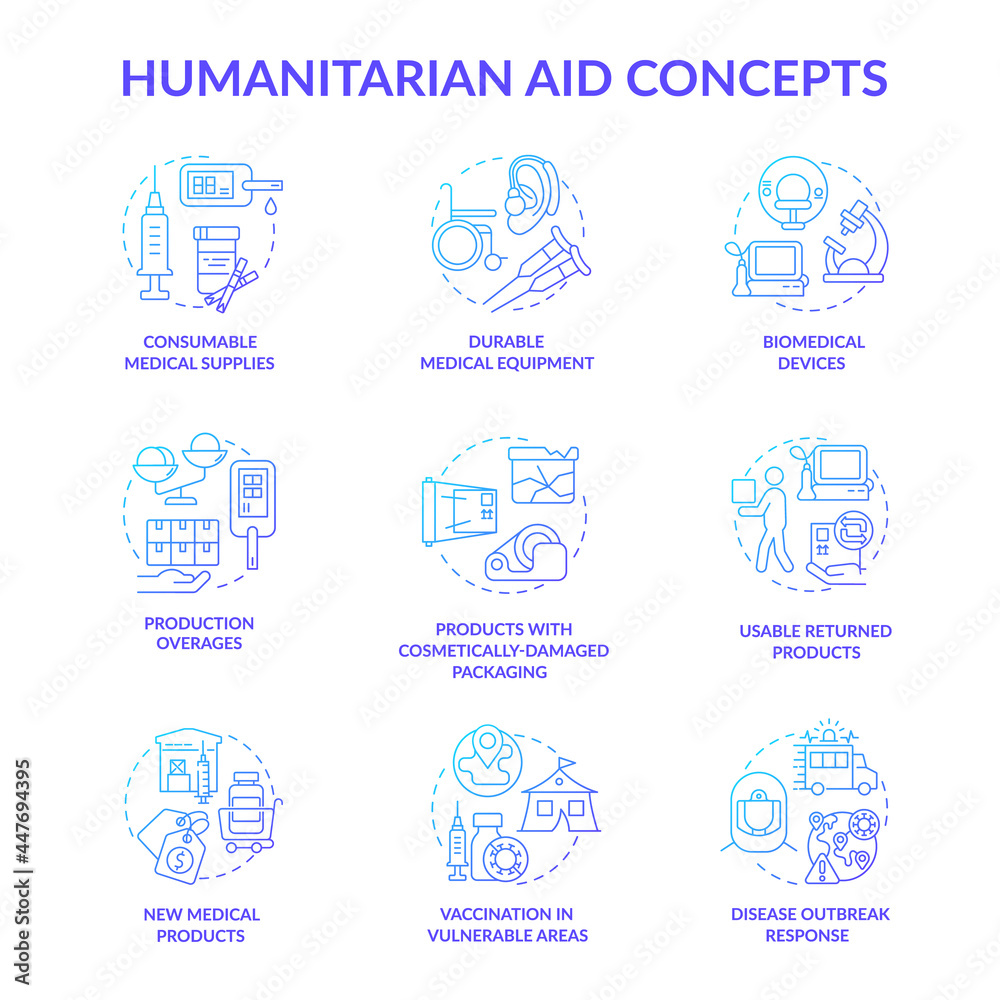 Humanitarian aid production concept icons set. Disable outbreak response. Vaccination and consumble medical supplies idea thin line color illustrations. Vector isolated outline drawings.