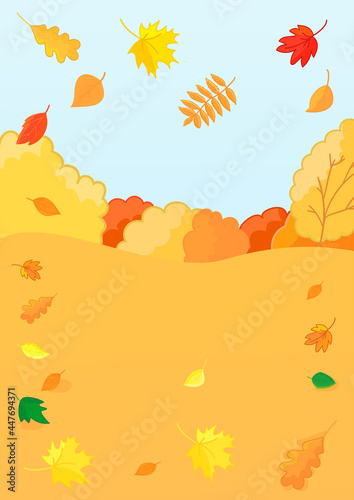 Autumn background in cartoon style with falling leaves. Colourful wallpaper. Vector