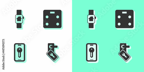 Set Digital door lock, Smart home with smart watch, key and bathroom scales icon. Vector