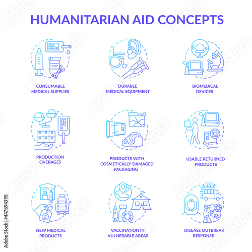 Humanitarian aid production concept icons set. Disable outbreak response. Vaccination and consumble medical supplies idea thin line color illustrations. Vector isolated outline drawings.
