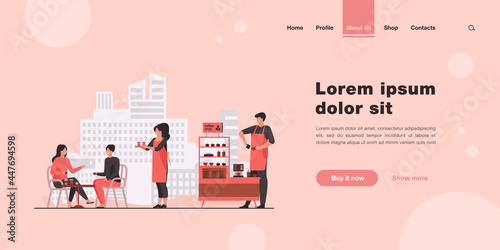Waitress carrying takeaway coffee to customers in outdoor cafe. Coffee shop stand, stall, kiosk flat vector illustration. Street food, summer concept for banner, website design or landing web page