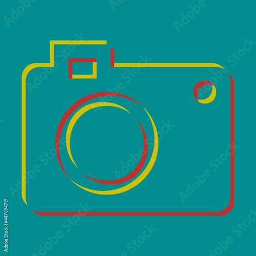 Digital camera sign. Pseudo 3d embossed icon with citrine and persian red colors on dark cyan background. Illustration.