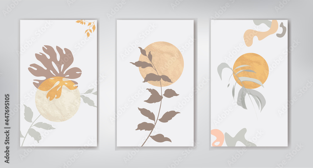 Floral leaves background set. Artistic wall art set.  Foliage artistic drawing with abstract leaves shapes. Abstract garden plant design for print, cover, wallpaper. Naturaminimal art illustration