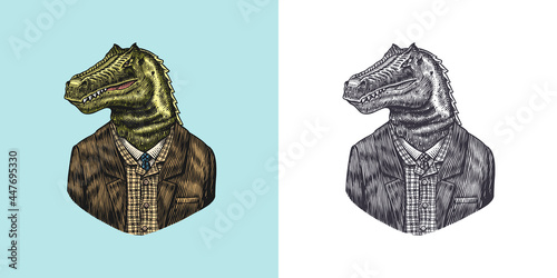 Dinosaur character in coat. Allosaurus tyrex gentleman. Fashionable animal, vitorian gentleman in a jacket. Hand drawn Engraved old monochrome sketch. Vector illustration for t-shirt, tattoo 