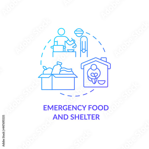 Emergency food and shelter program concept icon. Voluuntering work. Keeping and feeding. Charity served meal in emergency abstract idea thin line illustration. Vector isolated outline color drawing.