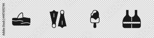 Set Shark fin in ocean wave, Rubber flippers for swimming, Ice cream and Life jacket icon. Vector