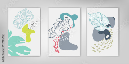 Floral leaves dotted background set. Artistic wall art paint set. Tropical Fo...