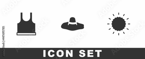 Set Sleeveless T-shirt, Elegant women hat and Sun icon. Vector