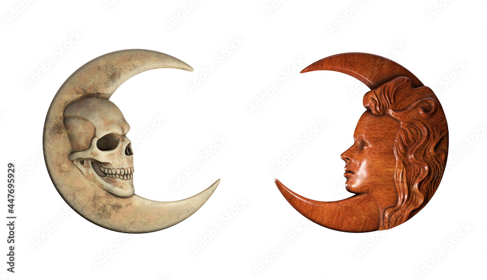 moon in the shape of a skull and in the shape of a girl on a white background 3d render