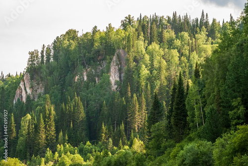 Landscapes of Siberia. Mountains covered with forest on the Kiya river. Kemerovo region. Russia