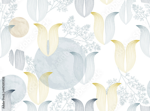 Abstract floral seamless pattern with geometric and abstract organic shapes i...
