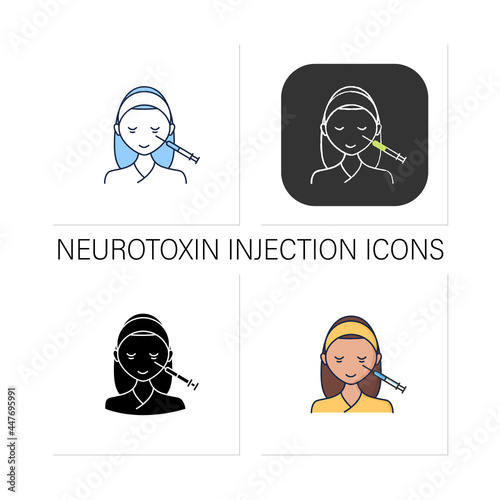 Cosmetic injection icons set.Woman doing injection under eyes, around eyes. Surgery.Beauty cosmetic procedure.Collection of icons in linear, filled, color styles.Isolated vector illustrations