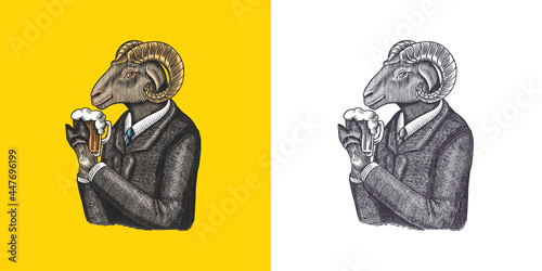 Sheep character. Ovis or mutton with beer. Fashionable animal, vitorian gentleman in a jacket. Hand drawn Engraved old monochrome sketch. Vector illustration for t-shirt, tattoo or badge or print photo