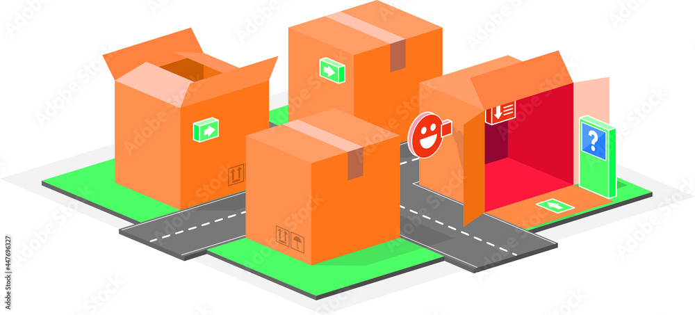 Small town of boxes. Urban packaging made with boxes and signs. Vector illustration of roads, highways and signs in the middle of the city of boxes. Small town of boxes. Urban packaging made with boxes and signs. Vector illustration of roads, highways and signs in the middle of the city of boxes.