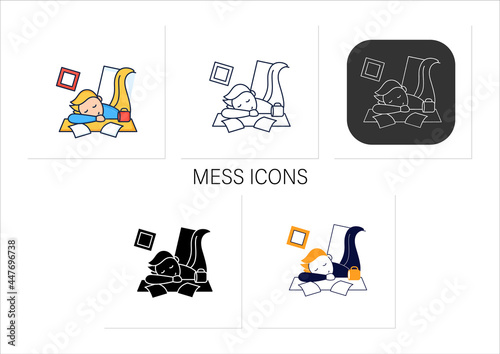 Mess icons set. Chaos in house. Laziness. Person sleep on desk. Procrastination concept.Collection of icons in linear, filled, color styles.Isolated vector illustrations