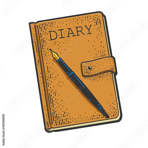 diary book with pen color sketch engraving vector illustration. T-shirt apparel print design. Scratch board imitation. Black and white hand drawn image.