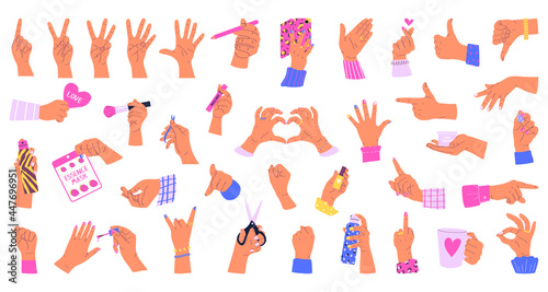 Big set of hands Isolated on white background. Collection of various gestures. Vector illustration in flat style.