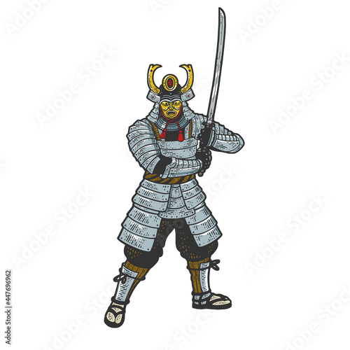 Samurai warrior with katana sword color sketch engraving vector illustration. T-shirt apparel print design. Scratch board imitation. Black and white hand drawn image.