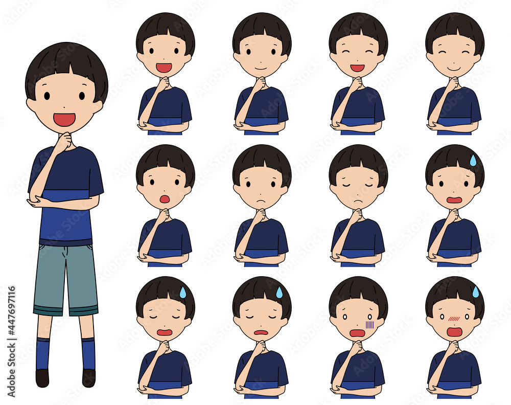 考えるポーズの笑ったり悩んだりする男の子の上半身イラストセット 考えるポーズの笑ったり悩んだりする男の子の上半身イラストセット