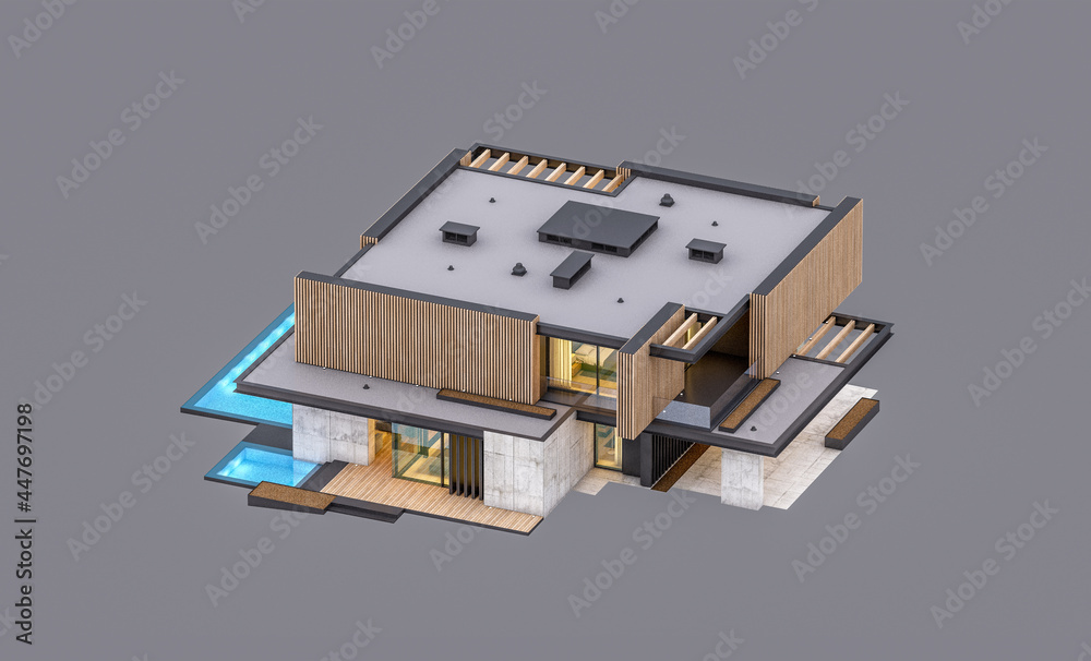 Fototapeta premium 3d rendering of modern cozy house with parking and pool for sale or rent with wood plank facade in evening. Isolated on gray