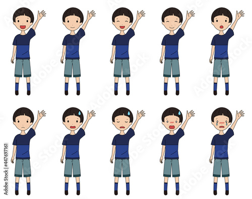 手を挙げている笑ったり悩んだりする男の子の全身イラストセット