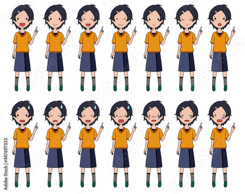 案内をする笑ったり落ち込んだりする女の子の全身イラストセット