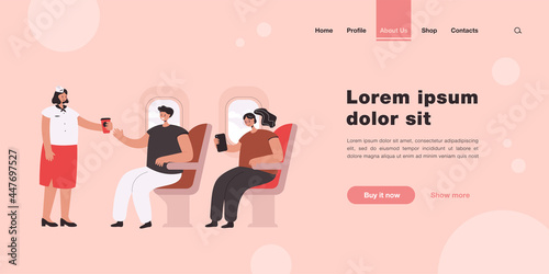 People travelling by airplane flat vector illustration. Plane interior with passengers near window and crew. Transportation, airline, tourism, trip, journey concept for landing page, design