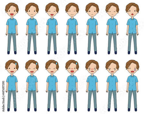 笑ったり落ち込んだりする色んな表情の男の子の全身イラストセット