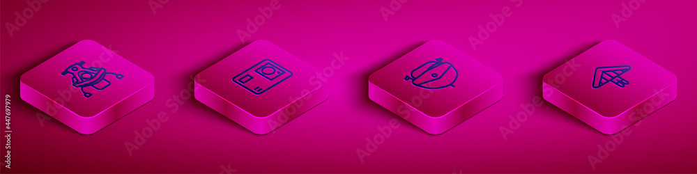 Set Isometric line Snowmobile, Action extreme camera, Speedboat and Hang glider icon. Vector Set Isometric line Snowmobile, Action extreme camera, Speedboat and Hang glider icon. Vector