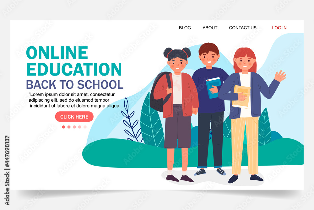 Online education modern flat design. Online school concept. Remote education. Landing page template. For your design.