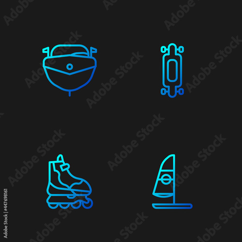 Set line Windsurfing, Roller skate, Speedboat and Longboard or skateboard. Gradient color icons. Vector
