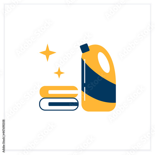 Bleach flat icon. Household chemical bottle with laundry pile line pictogram. Clothes washing, disinfection, house cleaning, hygiene, stain removing and bleaching.Vector illustration