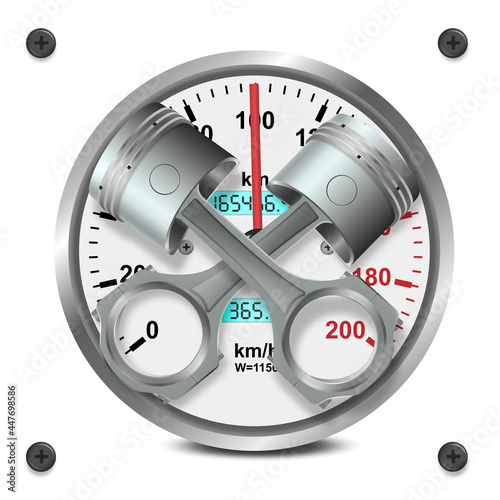 Vector 3D speedometer with pistons isolated on white background.