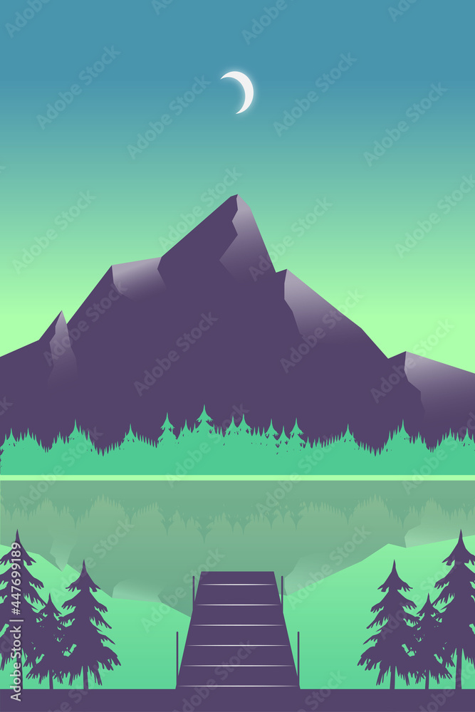 Flat Landscape Mountain and Lake view with green sky