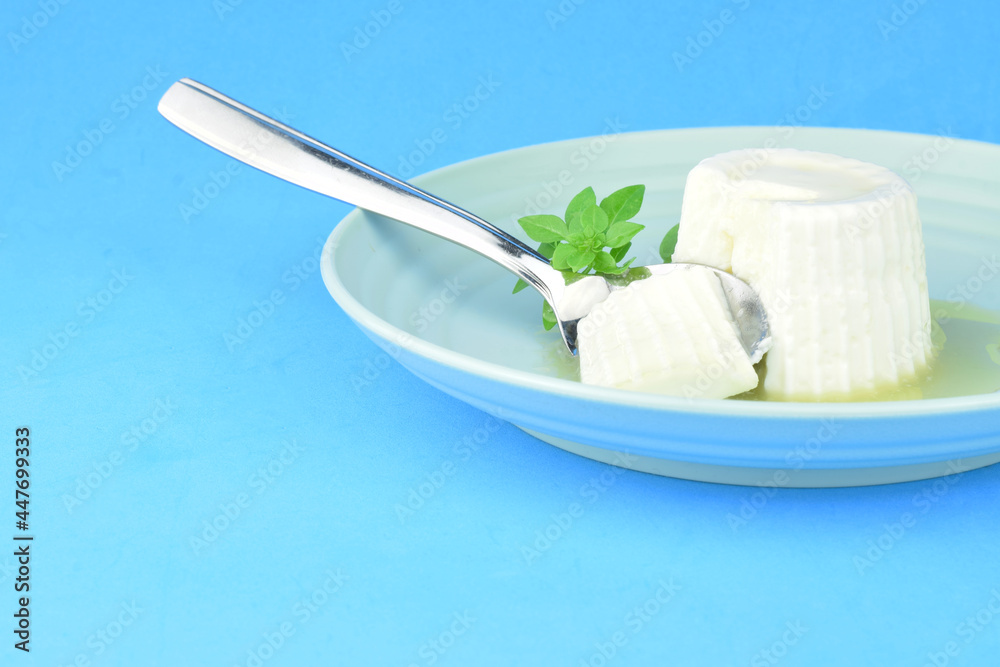 Fresh cheese with honey in circular plate on blue background. Fresh cheese with honey in circular plate on blue background.