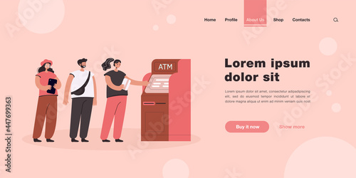 People standing in queue flat vector illustration. Crowd waiting in line for terminal transaction. Banking payment and withdrawing money from bank card using ATM machine. Money, technology concept