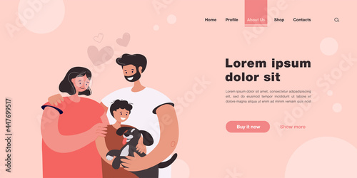 Happy young parents with child and dog isolated flat vector illustration. Cartoon mother, father and son adopting pet and smiling. Family and animal adoption concept