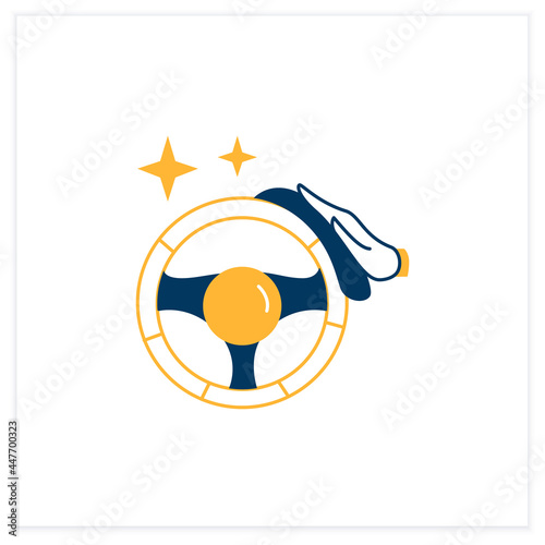 Car disinfection flat icon.Taxi and carsharing hand wheel interior cleaning with antibacterial wipe line pictogram.Public transport and taxi service covid safety measures.Vector illustration