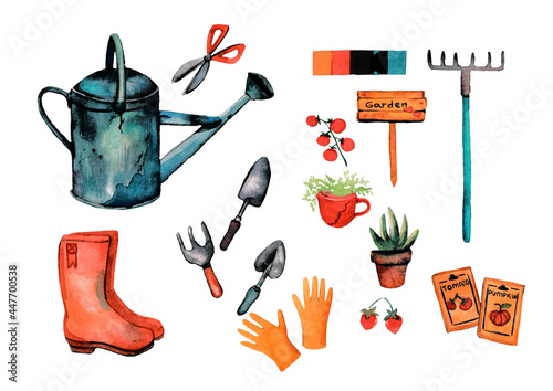 set of tools for the garden, gardening , horticulture garden picture watercolor garden tools plants and everything for the gardener art gumboots watering can garden gloves tomatoes vintage style