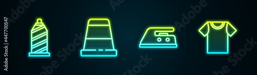 Set line Sewing thread, Thimble for sewing, Electric iron and T-shirt. Glowing neon icon. Vector