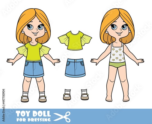 Cartoon girl with bob hairstyle in underwear , dressed and clothes separately - puff sleeve light green blouse, denim skirt and sandals doll for dressing