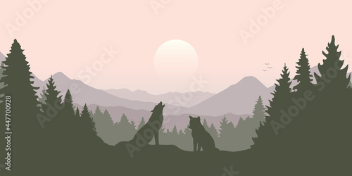 wolf pack in the green forest with mountain landscape