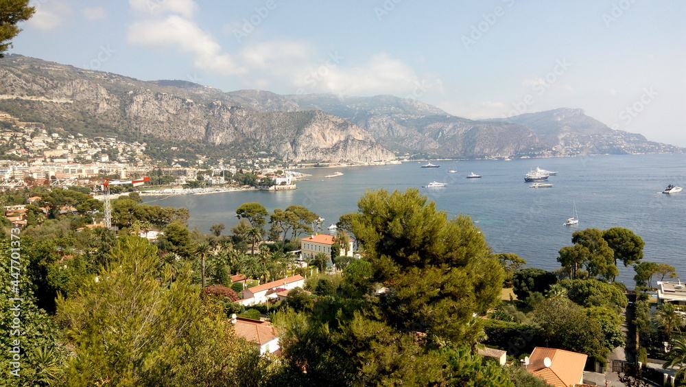 Scenic mountain view in the morning from Saint Jean Cap Ferrat. view of the bay