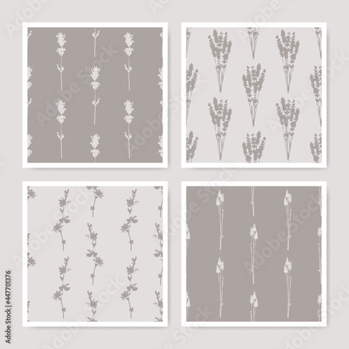 Botanical flowers seamless patterns. Floral silhouette wallpaper texture. Collection of nature leaves wrapping backgrounds in beige and brown colors.