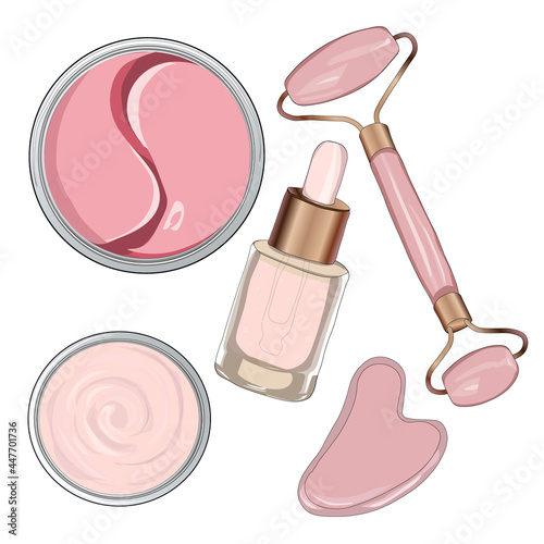 Illustration set of facial care cosmetics. Cream, patches, serum and Gouache scraper