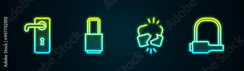 Set line Door handle, Lock, Broken cracked lock and Bicycle. Glowing neon icon. Vector