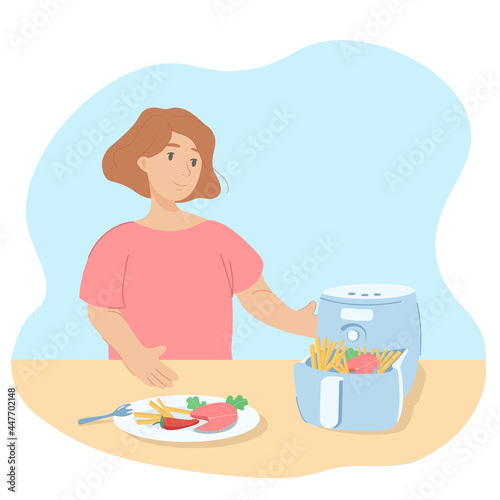 Woman cooks food with air fryer. Air fryer is an appliances for making healthy food without oil. Illustration of cooking device with french fries, fish, vegetables.