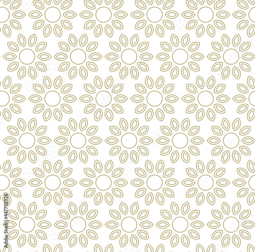 Modern simple geometric vector seamless pattern with gold flowers, line texture on white background. Light abstract floral wallpaper, bright tile ornament, wallpapers, flyers, covers, banners