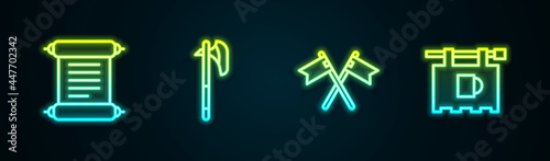 Set line Decree, parchment, scroll, Medieval axe, Crossed medieval flag and Street signboard with Bar. Glowing neon icon. Vector